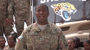 Private 1st Class Jarrod Tolbert Gives a Shout to His Family and the Jacksonville Jaguars