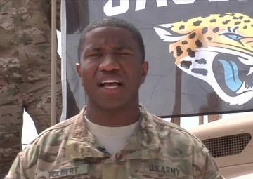Private 1st Class Jarrod Tolbert Gives a Shout to His Family and the Jacksonville Jaguars