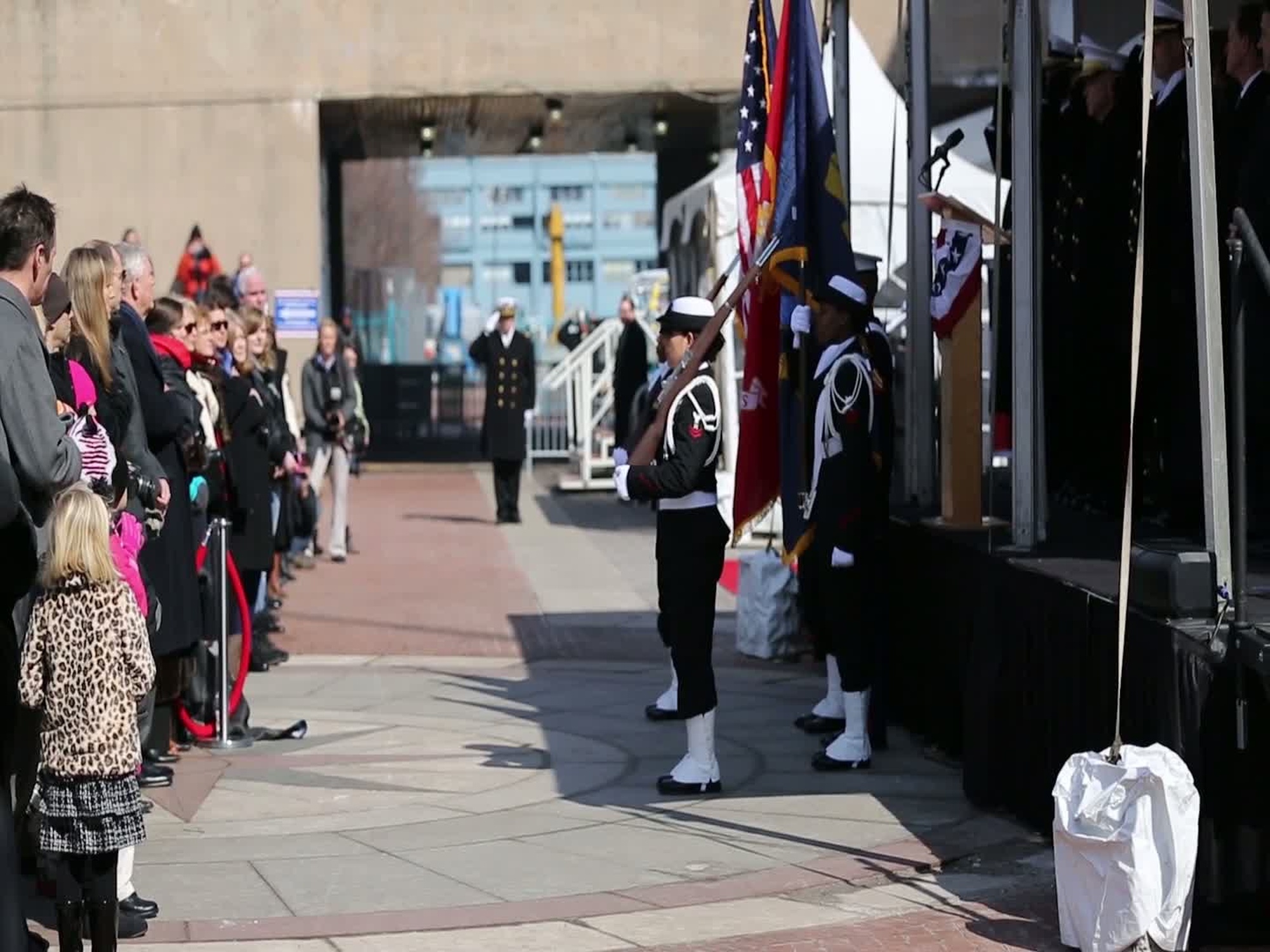 Approximately 100 Marines with 2nd Marine Logistics Group, II Marine Expeditionary Force fought off the winter chill as they supported the commissioning ceremony of the USS Somerset March 1, 2014. The San Antonio-class amphibious troop transport weighs approximately 24,900 tons fully loaded. The ship’s crew consists of 385 officers and enlisted sailors, who support up to 800 troops inside the ship’s hold. Thousands of people came from all over the country to witness the historical commissioning of the third and final troop transport built with metal salvaged after the 9/11 terrorist attacks and name in honor of those who died that day.
