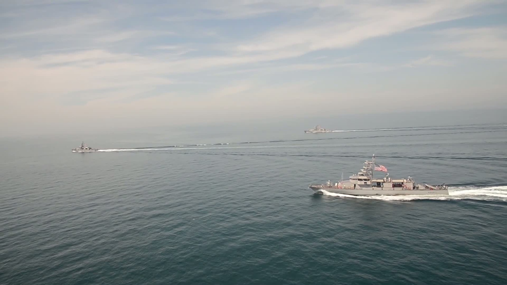 Coastal patrol ships assigned to Patrol Coastal Squadron One, transit in formation during a maneuvering exercise, April 8. Patrol Coastal Squadron One is deployed to the <br />U.S. 5th Fleet area of responsibility in support of maritime security operations and theater security cooperation efforts.    (U.S. Navy footage by Mass Communication Specialist 1st Class Martin Cuaron/<br />Released) Also available in high definition
