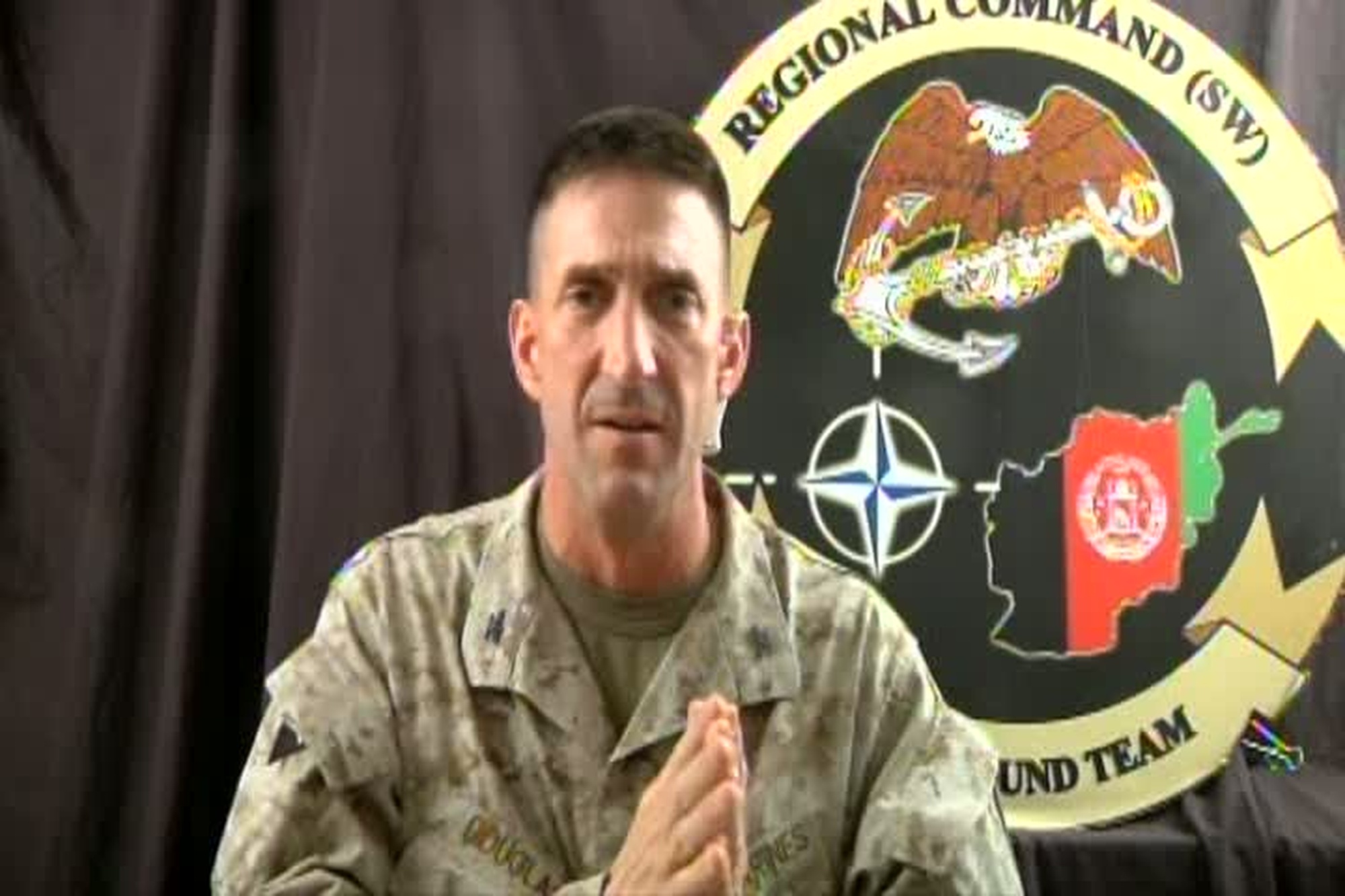 Col. Christopher Douglas the Team Leader for the 2nd Brigade, Security Force Advisory and Assistance Team (SFAAT), currently deployed to Camp Leatherneck, Helmand Province, Afghanistan, talks to a reporter with The Associated Press, in Washington, D.C., about the Marines pulling out of Sangin, Afghanistan and the current status of operations and security in Afghanistan.