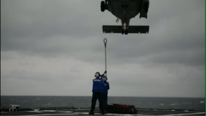 USS ANTIETAM (CG 54) Sailors practice underway replenishment with Saberhawks (HSM-77)