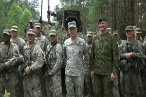 Lt. Gen. Donald M. Campbell Jr., Commanding General of U.S. Army Europe, and the Soldiers from 2-104 CAV, 28th ID, give a shout out to the Army's Birthday from Lithuania, during exercise Saber Strike.