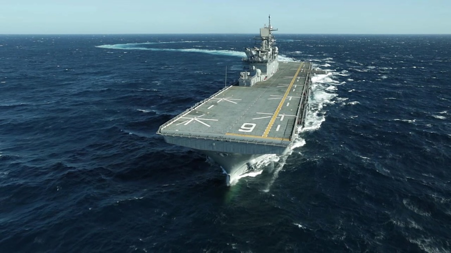 Future amphibious assault ship USS America (LHA 6) sails the Gulf.