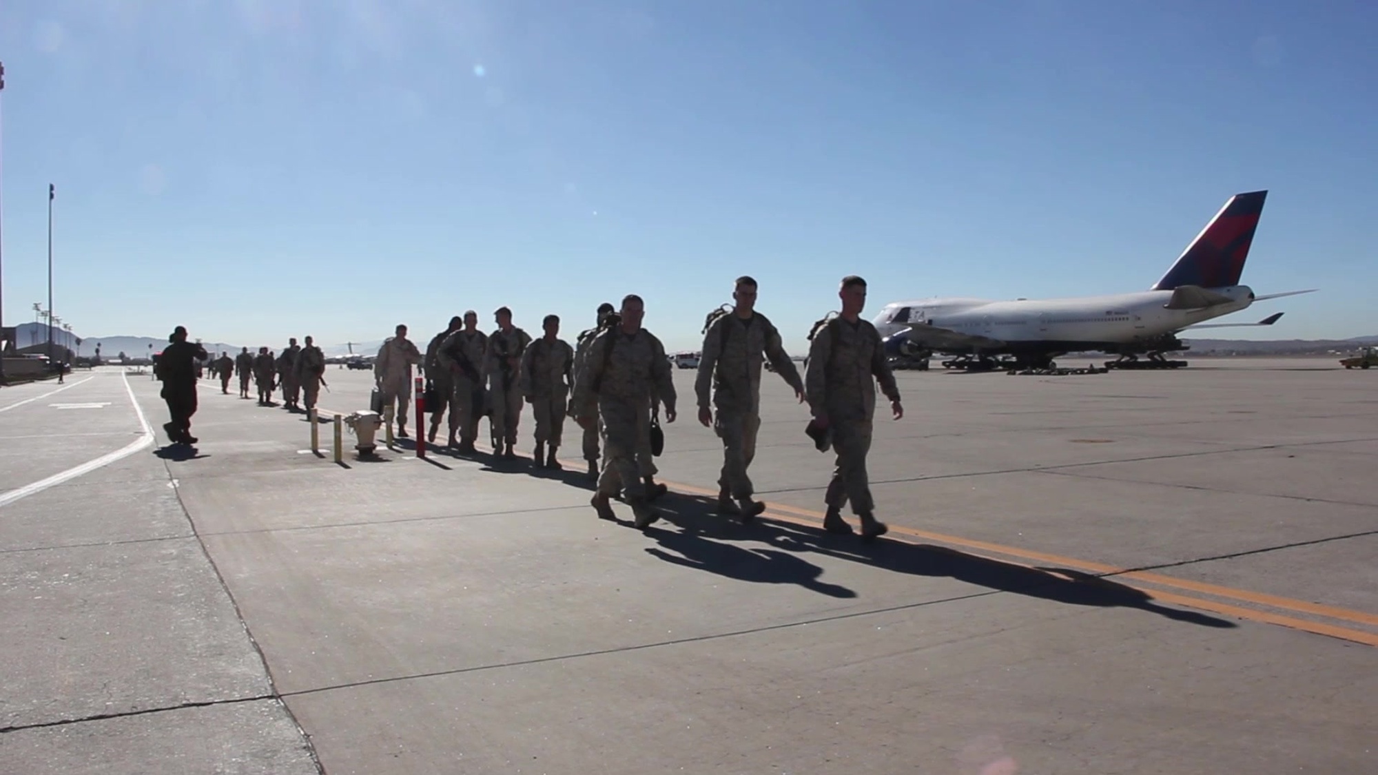 Marines and Sailors with Marine Expeditionary Brigade - Afghanistan make their way to Marine Corps<br />Base Camp Pendleton, California, to reunite with their families after an historic deployment to Helmand<br />Province, Afghanistan. The return of MEB -A marks the end of the Marine Corps&#39; involvement in <br />combat operations in Afghanistan.