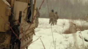 B-Roll Latvian and American Soldiers Conduct Live-Fire Training, Clearing Village with Mechanized Infantry and Heavy Armor Support