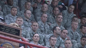 Gov. Tom Corbett, Pennsylvania, recognizes recently deployed Air National Guardsmen at the Pennsylvania Farm Show.