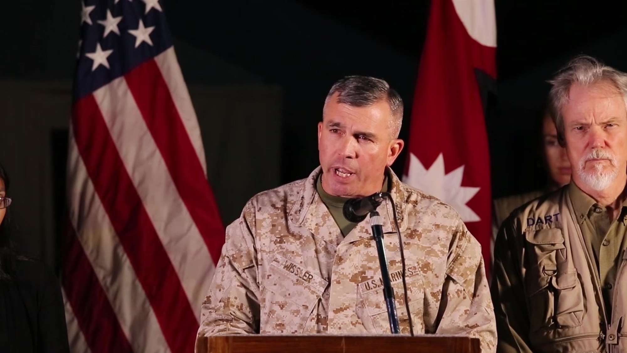 Lt. Gen. John W. Wissler talks at a press conference about the found Huey that went missing after conducting casualty evacuations when Nepal was struck with a 7.3 magnitude earthquake, May 15 at Kathmandu, Nepal. The aircraft carried six Marines and two Nepalese soldiers. The U.S. troops are part of Joint Task Force 505 in Nepal conducting earthquake relief operation Sahayogi Haat. Wissler is the commanding general of III Marine Expeditionary Force. (U.S. Marine Corps Photo by Cpl. Isaac Ibarra/Released)