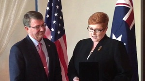 Secretary Carter and Australian MOD Payne Exchange Gifts at AUSMIN