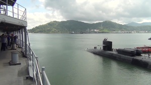 USS Ohio Moors alongside USS Emory S. Land in Malaysia during Indo-Asia-Pacific Deployment