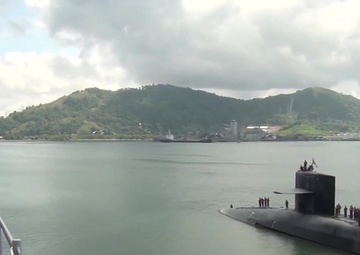 USS Ohio Moors alongside USS Emory S. Land in Malaysia during Indo-Asia-Pacific Deployment