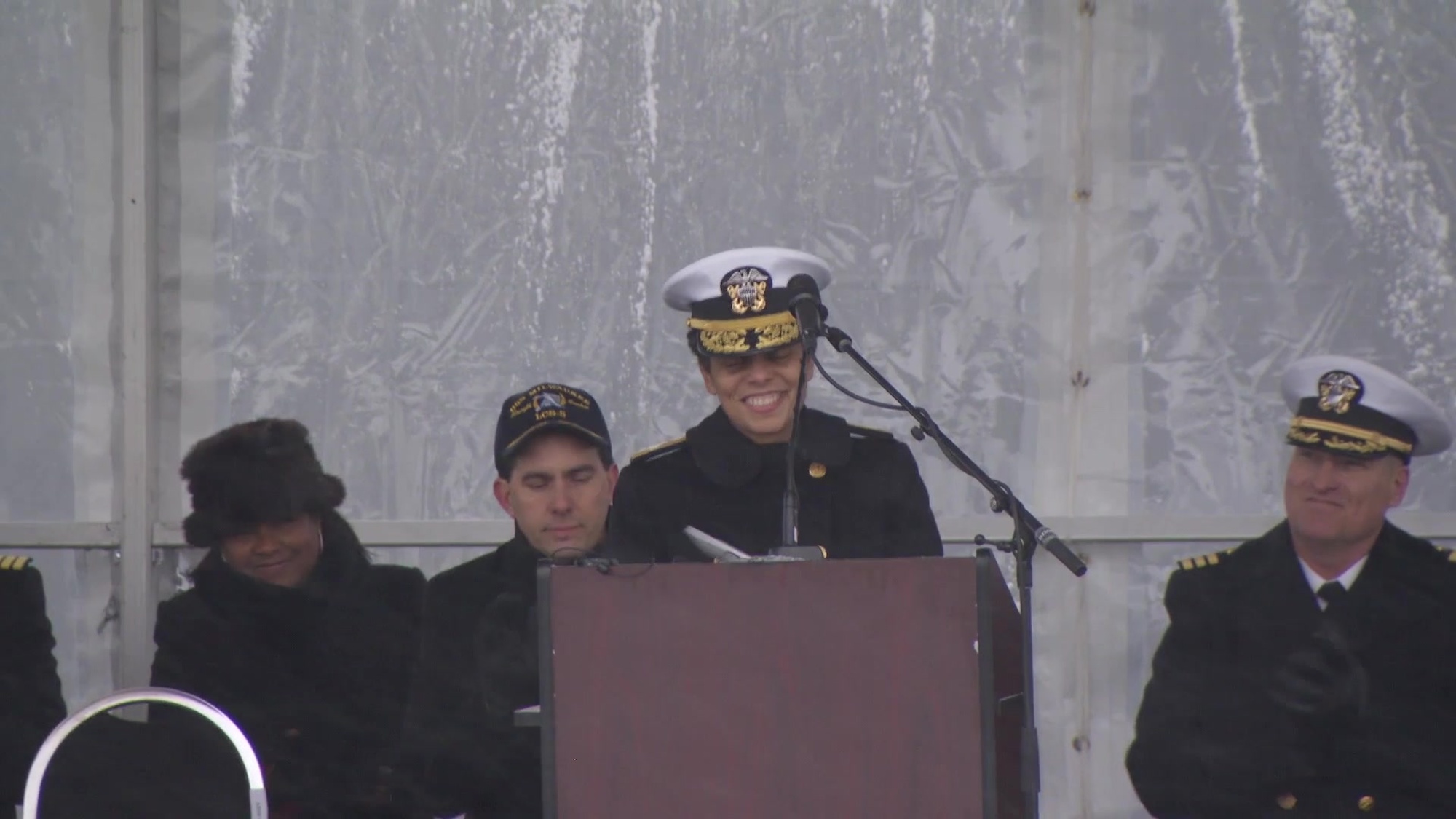 USS Milwaukee is commissioned during a snow storm in Veterans Park, Milwaukee, Wisconsin.