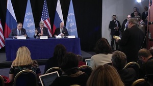 Secretary of State John Kerry, Russian Foreign Minister Sergey Lavrov, and UN Special Envoy Staffan de Mistura hold a press availability