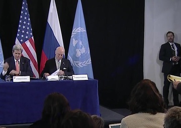 Secretary of State John Kerry, Russian Foreign Minister Sergey Lavrov, and UN Special Envoy Staffan de Mistura hold a press availability