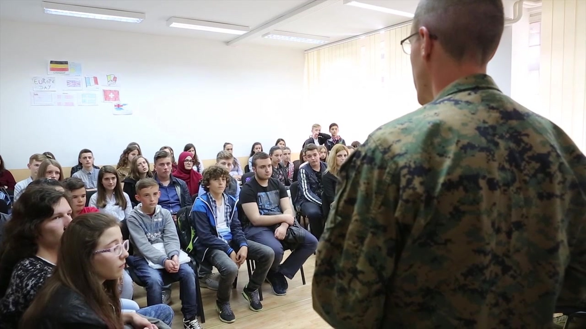Reserve Marines with 3rd Civil Affairs Group, Force Headquarters Group, Marine Forces Reserve, participate in the program called American Corner, where they have the opportunity to teach local children about American culture and the Marine Corps during exercise Platinum Wolf 2016, in Bujanovac, Serbia, May 11, 2016. The Marines visited two American Corners sites in Bujanovac and Vranje during the exercise to visit and interact with the local youth. The program is sponsored by the U.S. embassy and a local host institution; it aims to reinforce intercultural exchange and friendship between the two nations.
