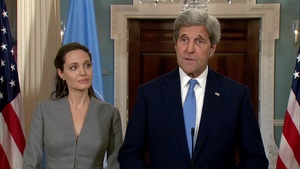 Secretary Kerry delivers brief remarks with Angelina Jolie