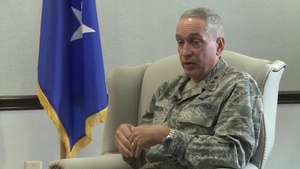 Maj. Gen. Frederick H. Martin, Commander U.S. Air Force Expeditionary Center has an exit interview with the USAF EC Historian Mr. Thomas P. Lauria on 19 June 2016.
