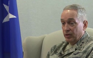 Maj. Gen. Frederick H. Martin, Commander U.S. Air Force Expeditionary Center has an exit interview with the USAF EC Historian Mr. Thomas P. Lauria on 19 June 2016.