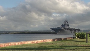 The amphibious assault ship USS America (LHA 6) departs Joint Base Pearl Harbor-Hickam following the conclusion of Rim of the Pacific 2016