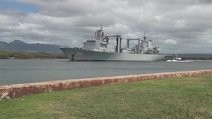 Chinese Navy replenishment ship Gaoyouhu (966) departs Joint Base Pearl Harbor-Hickam following the conclusion of Rim of the Pacific 2016