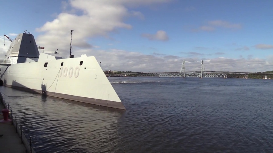 The future USS Zumwalt (DDG 1000) gets underway in Bath, Maine to join the fleet. The guided-missile destroyer is the lead ship in the Zumwalt class and the first ship to be named for Adm. Elmo Zumwalt.  

After commissioning in Baltimore, Maryland, on Oct. 15, the ship will sail to its homeport in San Diego. Soon after arriving, DDG-1000 will enter a post-delivery industrial availability and mission systems activation period to ready this stealth destroyer for operational testing and its maiden deployment.