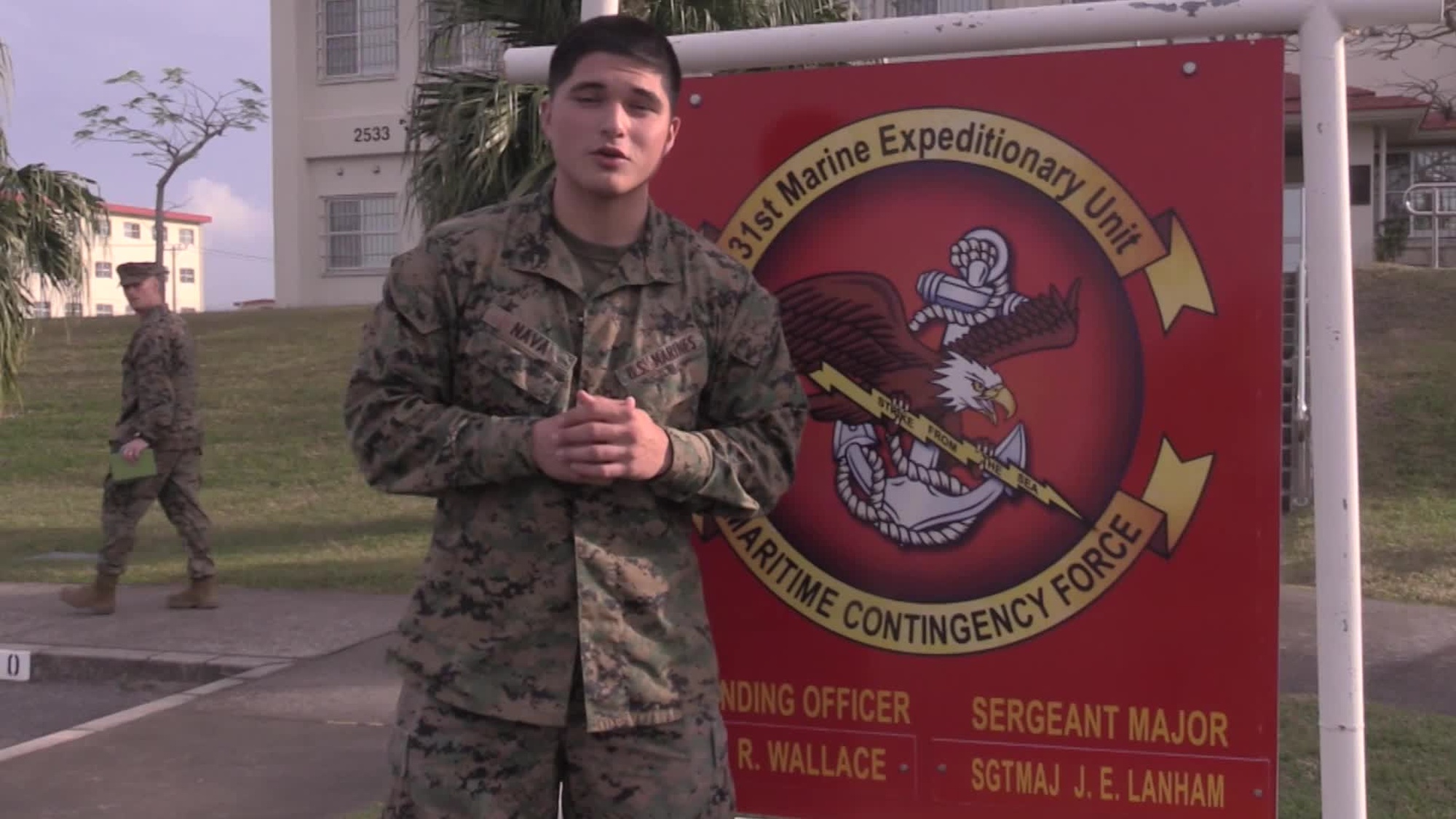 Lance Cpl. Armando Nava, an administration specialist with the 31st Marine Expeditionary Unit, wishes family and friends in McAllen, Texas a Merry Christmas from Camp Hansen, Okinawa, Japan, Dec. 22, 2016. (U.S. Marine Corps Motion Imagery by Lance Cpl. Shekinah L. Peake/ Released)