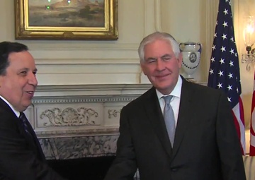 Secretary of State Rex Tillerson camera spray with Minister of Foreign Affairs of the Republic of Tunisia Khemaies Jhinaoui
