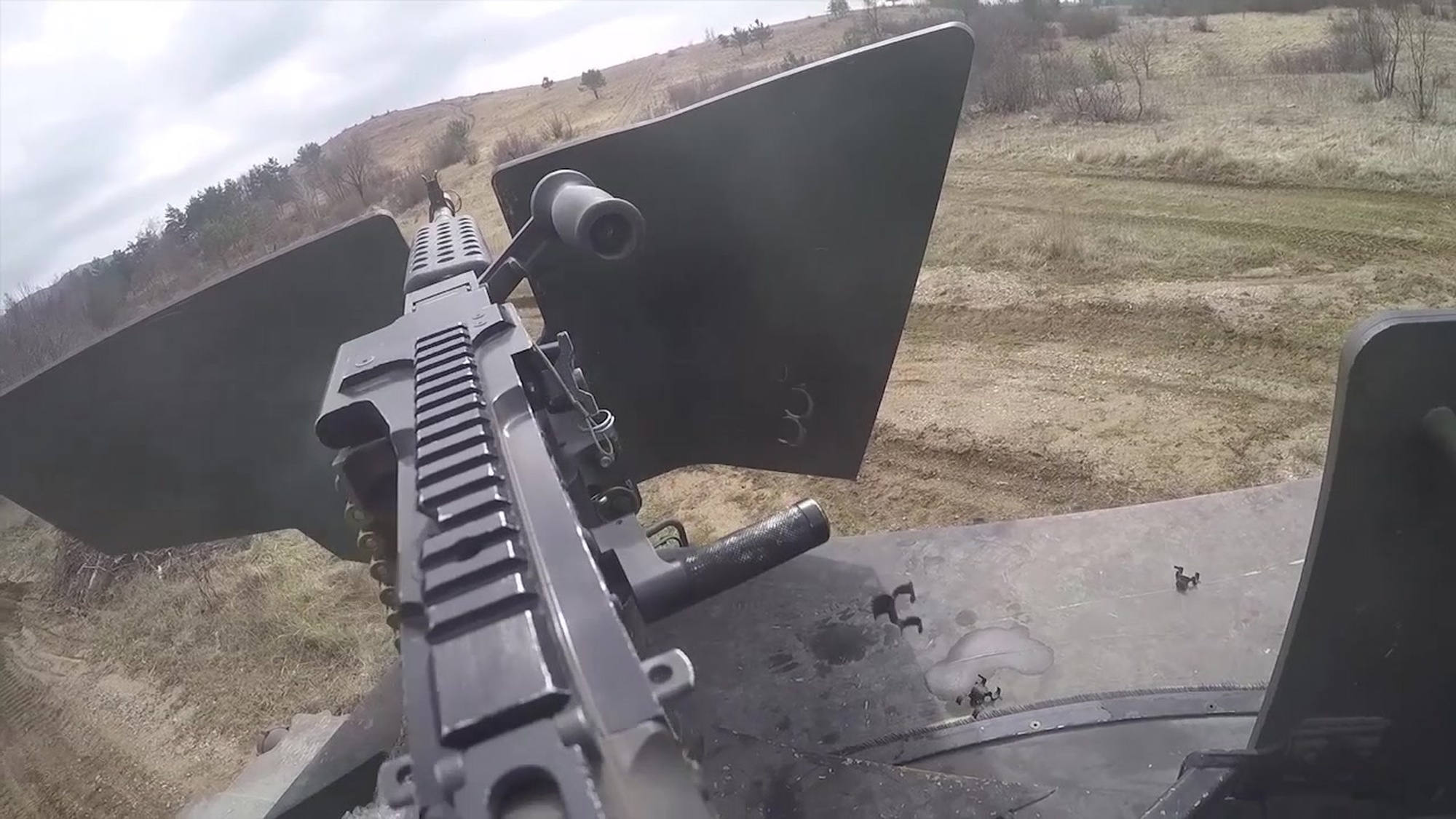Body-mounted camera view of U.S. Army soldier, assigned to the 16th Sustainment Brigade, engages targets during the convoy blank fire exercise as part of Vanguard Proof at Pocek Range in Postonja, Slovenia, Mar. 20, 2017. Units in the battalion have come together from four separate bases in Germany and Italy to conduct this training event. Exercise Vanguard Proof is a combined exercise between the 16th Sustainment Brigade and the Slovene Armed Forces focused on enhancing interoperability NATO operational standards and developing individual technical skills.(U.S. Army Video by Visual Information Specialist Davide Dalla Massara/Released)