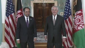 Secretary of State Tillerson Campera Spray with Salahuddin Rabbani, Minister of Foreign Affairs of the Islamic Republic of Afghanistan