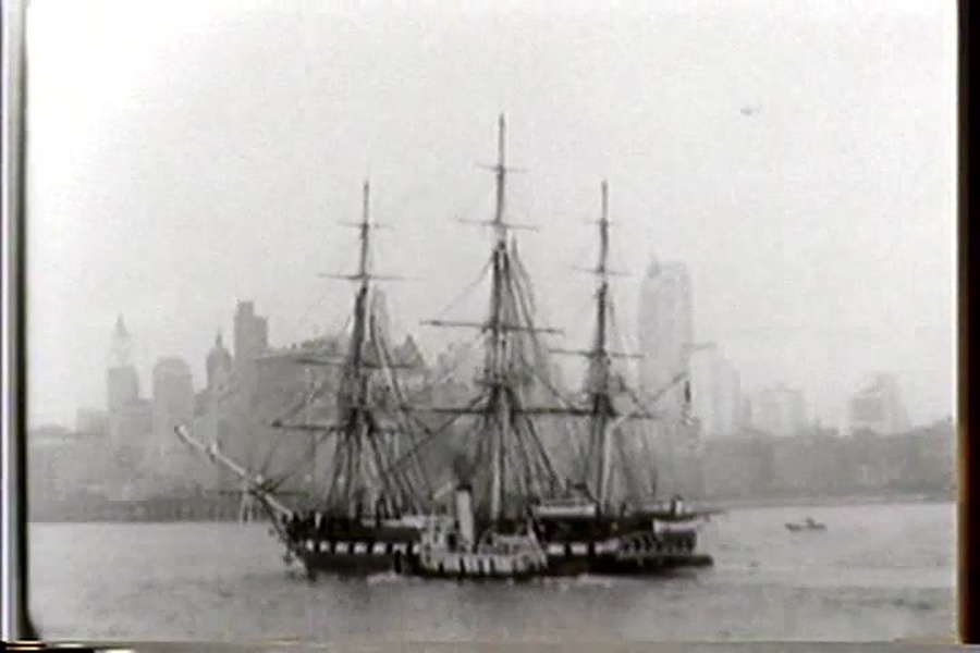 National Archives Footage – U.S.S. Constitution.
National Archives ID Number: 5934
Local ID Number: 24.33

Creator: Department of the Navy. Bureau of Naval Personnel.
Produced: 1930

Shot List: Shows the U.S.S. Constitution being towed up the Hudson River past the New York City waterfront. Includes shots of the official tugboat Macon welcoming the Constitution to New York, the skyline of the city, and visitors aboard the ship at the Brooklyn Navy Yard.