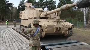 3rd Battalion, 29th Field Artillery Regiment bring equipment to Zagan, Poland B-roll