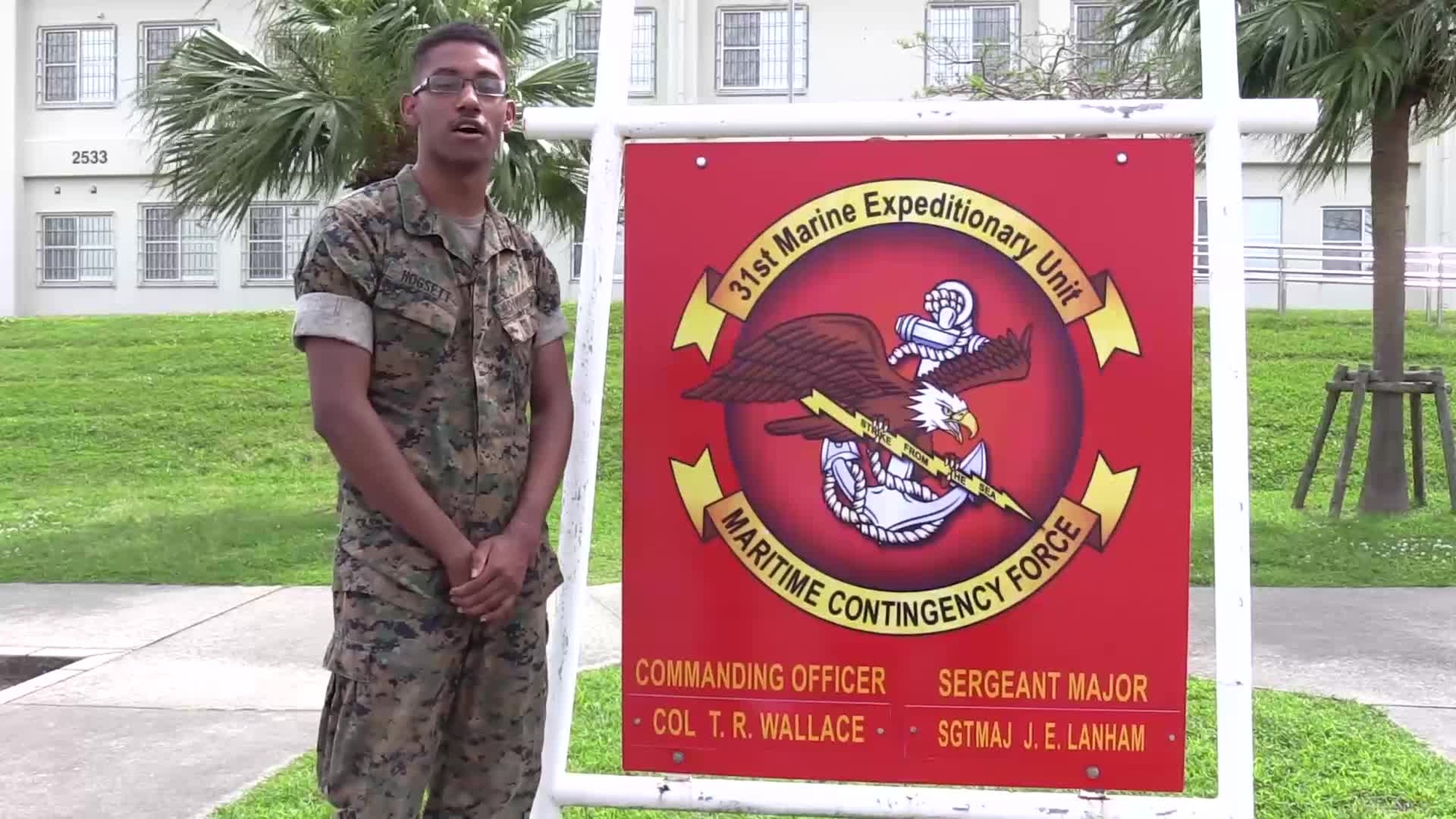 Lance Cpl. Frederick Hogsett, special intelligence system administrator, with the 31st Marine Expeditionary Unit, wishes his mom back home in Columbia, South Carolina, Happy Mother&#39;s Day from Camp Hansen, Okinawa, Japan, May 9, 2017. (U.S. Marine Corps Motion Imagery by Lance Cpl. Shekinah L. Peake/ Released)