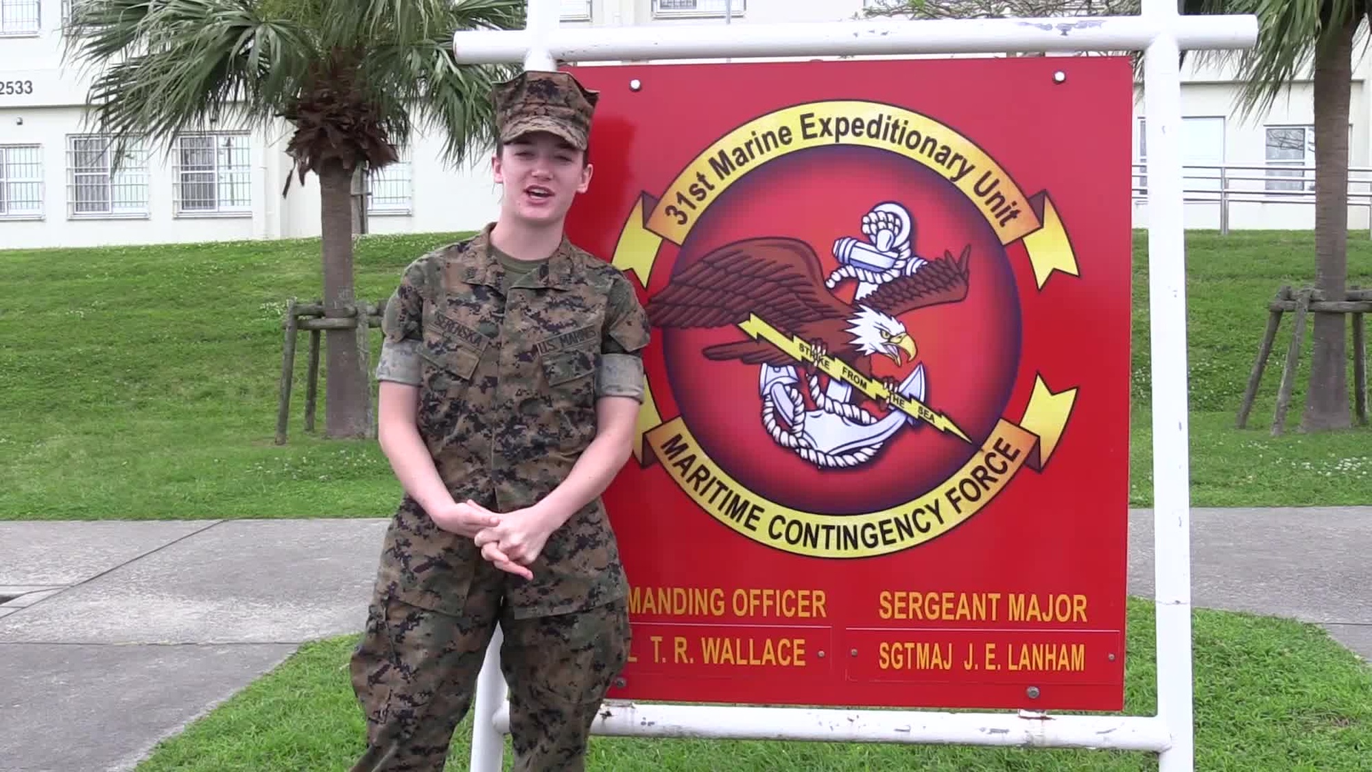 Cpl. Claire Serenska, linguist with the 31st Marine Expeditionary Unit, wishes her mother from Newport, Road Island, and her mother-in-law from Davis Creek, West Virginia, Happy Mother&#39;s Day from Camp Hansen, Okinawa, Japan, May 9, 2017. (U.S. Marine Corps Motion Imagery by Lance Cpl. Shekinah L. Peake/ Released)