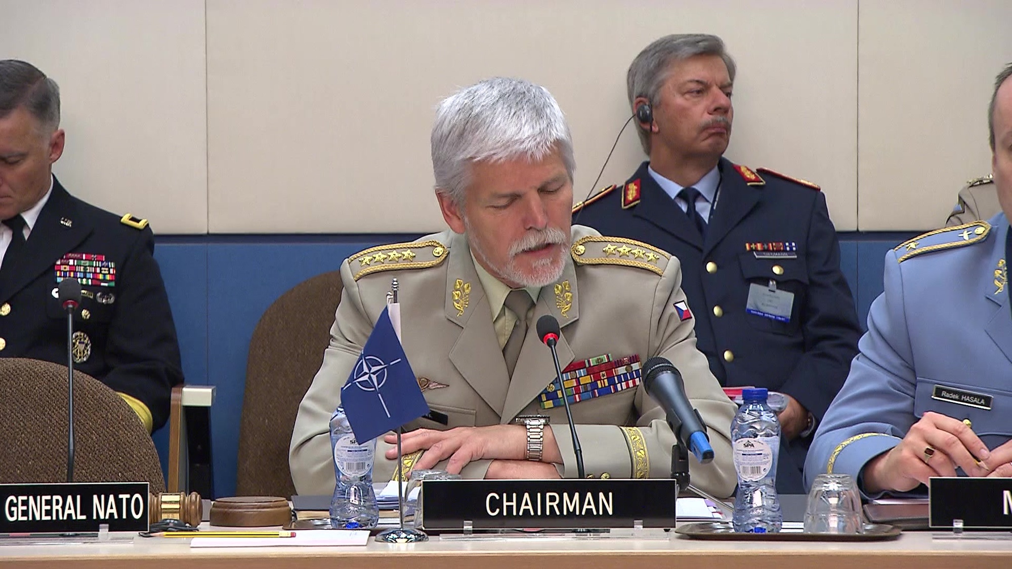General Petr Pavel, Chairman of the Military Committee, gives an opening statement at the 177th Military Committee in Chiefs of Defence Session