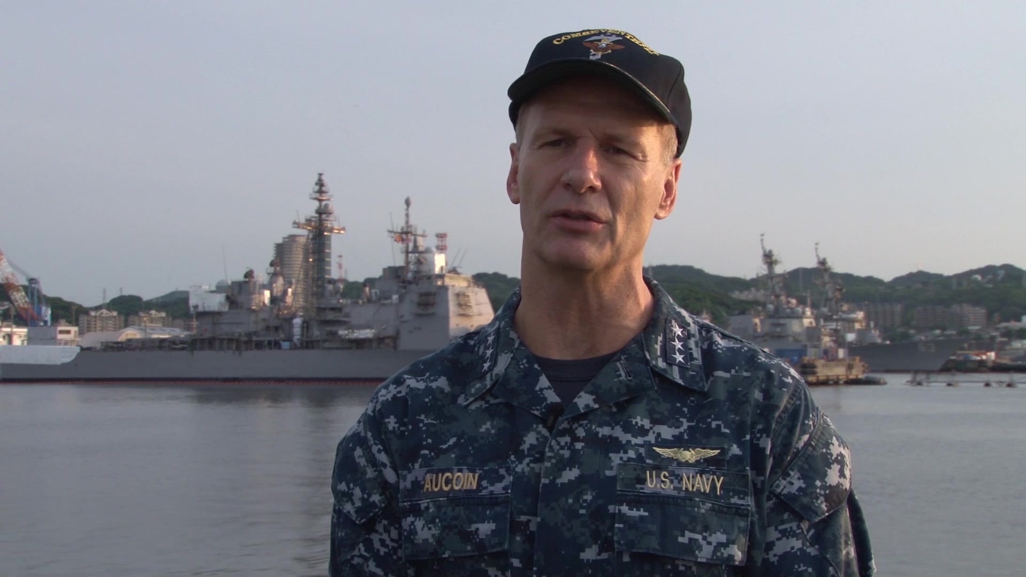 Soundbite from VADM Joseph P. Aucoin: USS Fitzgerald returns to Fleet Activities Yokosuka after<br />a collision at sea.