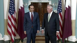 Secretary of State Rex Tillerson camera spray with Qatari Foreign Minister Sheikh Mohammed bin Abdulrahman Al Thani