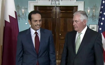Secretary of State Rex Tillerson camera spray with Qatari Foreign Minister Sheikh Mohammed bin Abdulrahman Al Thani