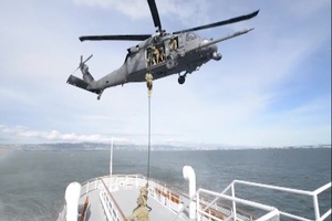 Coast Guard Maritime Safety and Security Team 91109 crewmembers fast-rope with California Air National Guard 129th Rescue Wing aircrews