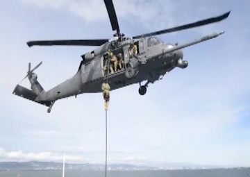 Coast Guard Maritime Safety and Security Team 91109 crewmembers fast-rope with California Air National Guard 129th Rescue Wing aircrews
