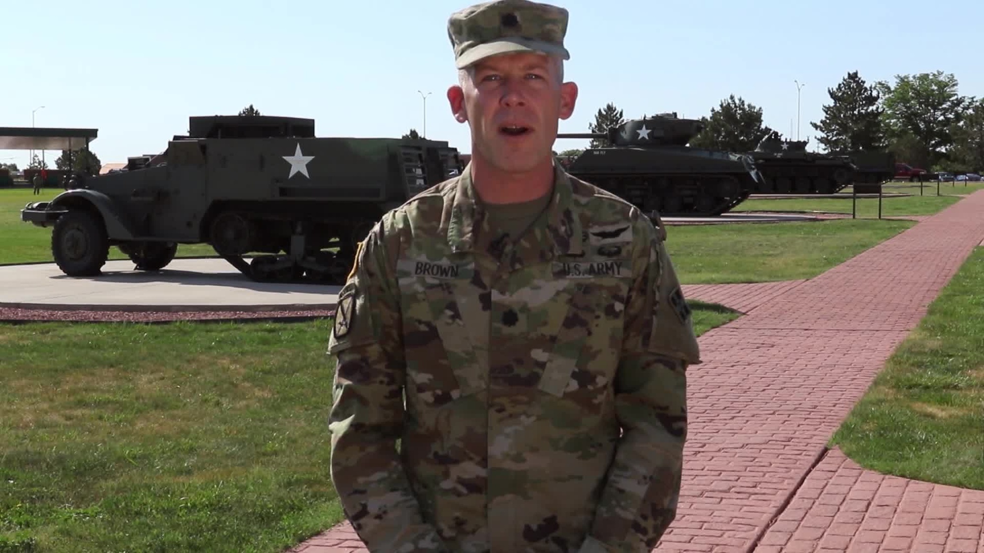U.S. Army Lt. Col. Jason Brown, Public Affairs Officer, 4th Infantry Division, shouts out to the Detroit Tigers for their home game on the Fourth of July from Fort Carson, Colorado.