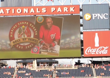 Marines take the field at National's Park for a Marine Day