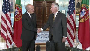 Secretary of State Rex Tillerson camera spray with Portuguese Foreign Minister Augusto Santos Silva