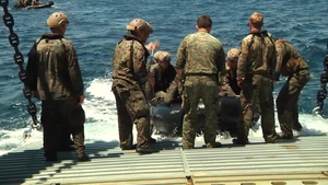 Marines with the 3rd Marine Division Launch and Recover CRRCs aboard USAV Calaboza