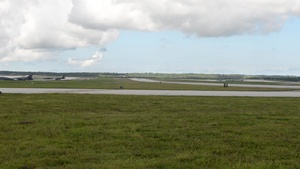 Two B-1B Lancers take off from Andersen Air Force Base, Guam for a training mission Aug. 11, 2017