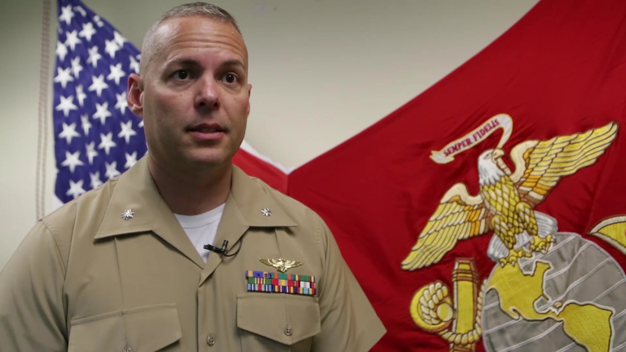 Lt. Col. Joshua Izenour, commanding officer of VMGR-452, answers questions about the memorial for fallen Marines. The memorial was held to honor the lives of nine Marines from Marine Aerial Refueler Transport Squadron 452, Marine Aircraft Group 49, 4th Marine Aircraft Wing, Marine Forces Reserve, which perished in a KC-130T accident that killed 15 Marines and one sailor, July 10, 2017.
