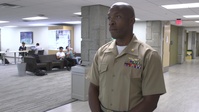 U.S. Marine Maj. Eric Christophe speaks during Marine Week Detroit