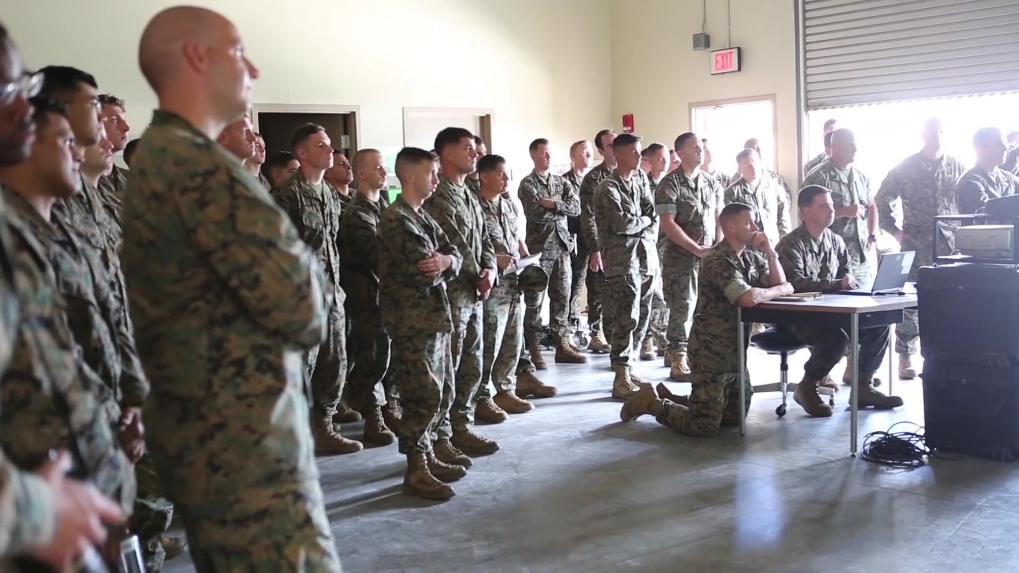 U.S. Marines with Bravo and Charlie Company, 4th Reconnaissance Battalion, 4th Marine Division, Marine Forces Reserve, and 3rd Force Reconnaissance Company, 4th MarDiv, MARFORRES, listen to a brief given by Maj. Andrew Kulb, the Inspector Instructor of 3rd Force Reconnaissance Company, on rescue and relief effort plans in wake of Hurricane Irma, at the Alabama Army National Guard Fort Whiting Armory in Mobile, Alabama, Sept. 9, 2017. Marines from units throughout the southeast are poised to support FEMA, state and local response efforts in anticipation of Hurricane Irma’s landfall.