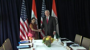 Secretary Tillerson, Acting Assistant Secretary Wells camera spray with Indian External Affairs Minister Sushma Swaraj, at the Palace Hotel, in New York City‎