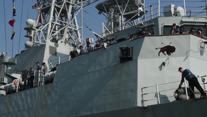 Royal Canadian Navy Halifax-class frigate HMCS Winnipeg departs San Francisco