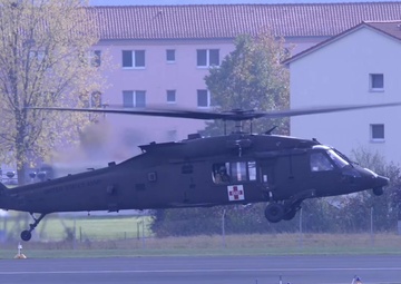 10th Combat Aviation Brigade, 10th Mountain Division (LI) UH-60 Black Hawk helicopters departs Katterbach Army Airfield in Ansbach, Bavaria, Germany